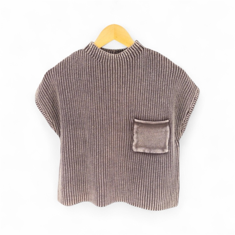 Zenana Mocha Cropped Ribbed Knit Top with Pocket